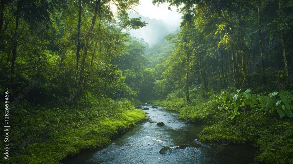 Tranquil Rainforest Creek Lush Green Canopy And Sunlight Tranquil Rainforest Creek Lush Green Canopy And Sunlight