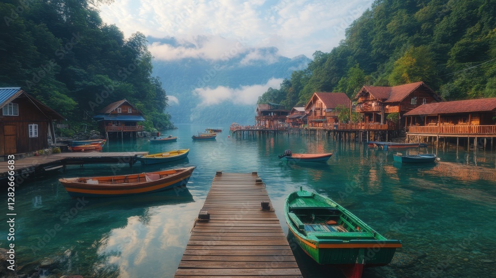 Tranquil Waterfront Village with Colorful Boats and Wooden Docks Tranquil Waterfront Village with Colorful Boats and Wooden Docks