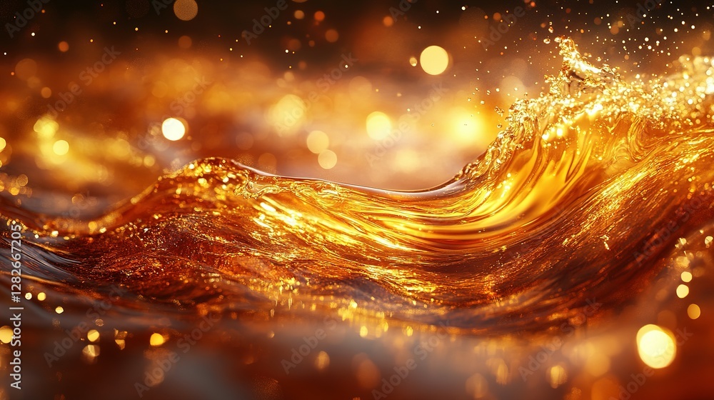 A sparkling and golden wave of water is beautifully displayed A sparkling and golden wave of water is beautifully displayed