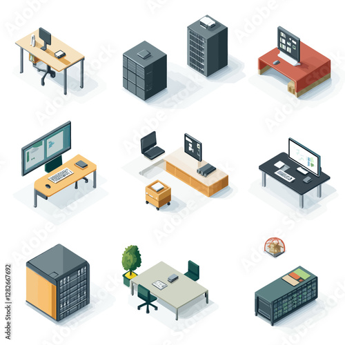 Isometric Office Setup: Workstations, Servers, and Conference Room Elements