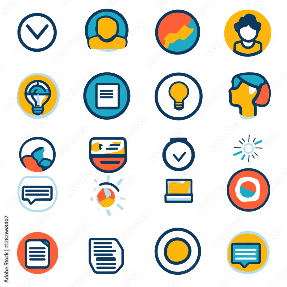 Business Icon Set: Communication, Idea, Data Analysis, and Connectivity Business Icon Set: Communication, Idea, Data Analysis, and Connectivity