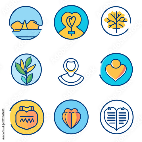 Abstract Icons Set Featuring Nature, People, and Heart Concepts