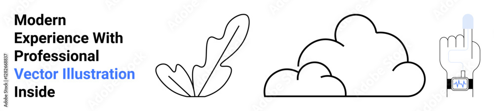 Cloud, leaf, and hand wearing a smartwatch and tapping screen. Ideal for nature, technology, cloud computing, innovation, digital interaction, minimalism flat landing page banner Cloud, leaf, and hand wearing a smartwatch and tapping screen. Ideal for nature, technology, cloud computing, innovation, digital interaction, minimalism flat landing page banner