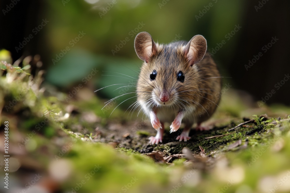 Small brown mouse explores a lush green forest floor during a sunny day in spring. Generative AI Small brown mouse explores a lush green forest floor during a sunny day in spring. Generative AI