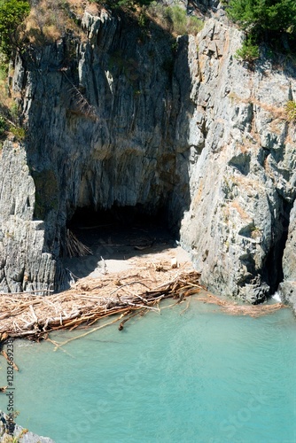 Coastal Rock Formation at Rarangi – Rugged Seaside Landscape in New Zealand photo