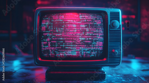 television screen displaying a glitchy interface with distorted signals and digital artifacts 