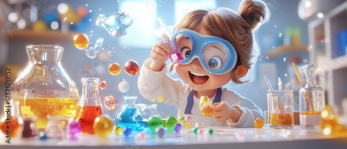 Playful Young Girl Engaged in Colorful Science Experimentation in a Cartoon Style Illustration with Vibrant Colors and Bright Expressions