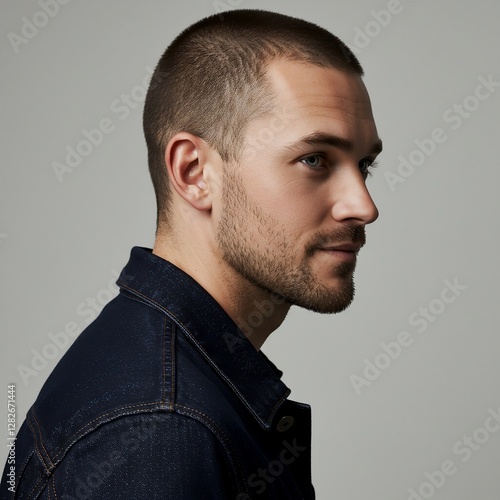 A Man with Stylish Buzz Cut Hairstyle in Denim Jacket – Side Profile Portrait