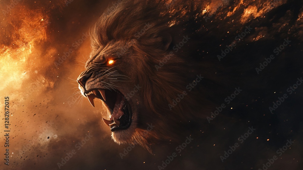 Naklejka premium Fiery Roaring Lion Majestic King of the Jungle in a Cosmic Inferno