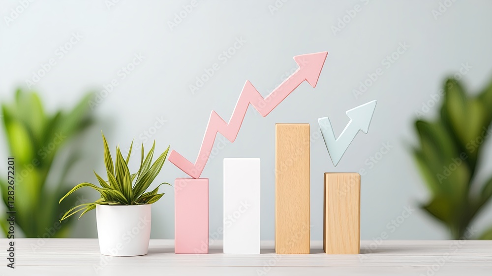 Growth Chart with Colorful Bars and Plant in Soft Background Growth Chart with Colorful Bars and Plant in Soft Background