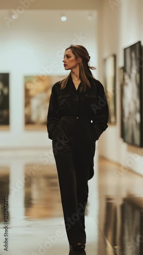 Confident woman in stylish black outfit explores art gallery exhibition with elegance and grace.