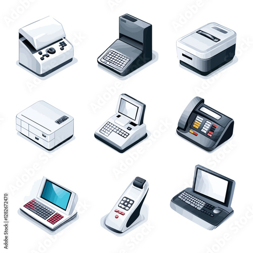 Isometric office electronics: computer, fax, phone, printer, technology