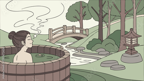 Woman Enjoying an Onsen with a Japanese Garden View. Perfect for: Winter retreats, Japanese hot spring resorts, wellness tourism