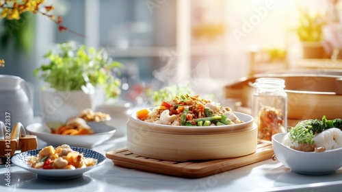 Wallpaper Mural A Vibrant Spread of Traditional Chinese Vegetarian Cuisine Featuring Fresh Vegetables, Aromatic Herbs, and Colorful Presentation in a Warm and Inviting Setting Torontodigital.ca