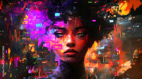 digital portrait with vibrant glitch effects and pixelated color shifts in a cyberpunk-inspired setting 