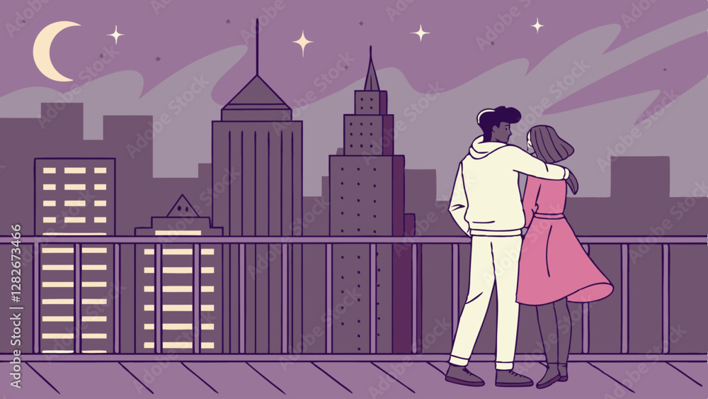 Romantic Couple Admiring the City Skyline at Night. Perfect for: Valentine's Day, anniversaries, urban nightlife Romantic Couple Admiring the City Skyline at Night. Perfect for: Valentine's Day, anniversaries, urban nightlife