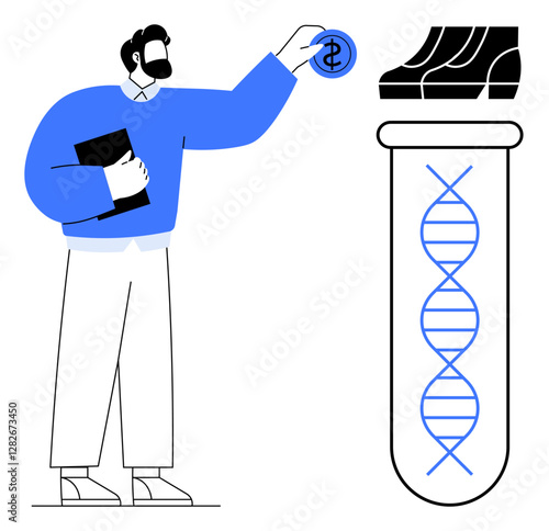 Person investing money into biotechnology research with DNA helix and flask representing scientific innovation, growth, and technological advancements. Ideal for themes of investment, healthcare
