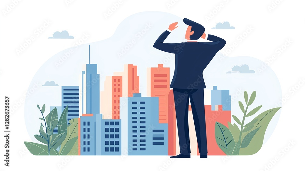 Businessman Overlooking Modern Cityscape with Urban Skyline Elements Businessman Overlooking Modern Cityscape with Urban Skyline Elements