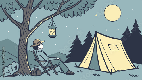 Adventurer Camping Under a Starry Sky. Perfect for: National Camping Month, stargazing events, adventure getaways