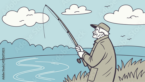 Elderly Man Fishing by a Tranquil Lake. Perfect for: Father's Day, outdoor leisure, retirement activities