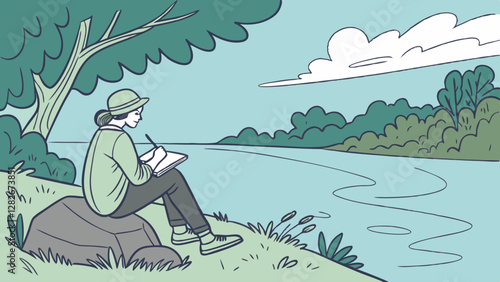 Artist Sketching by the Riverside. Perfect for: World Art Day, nature retreats, self-expression events