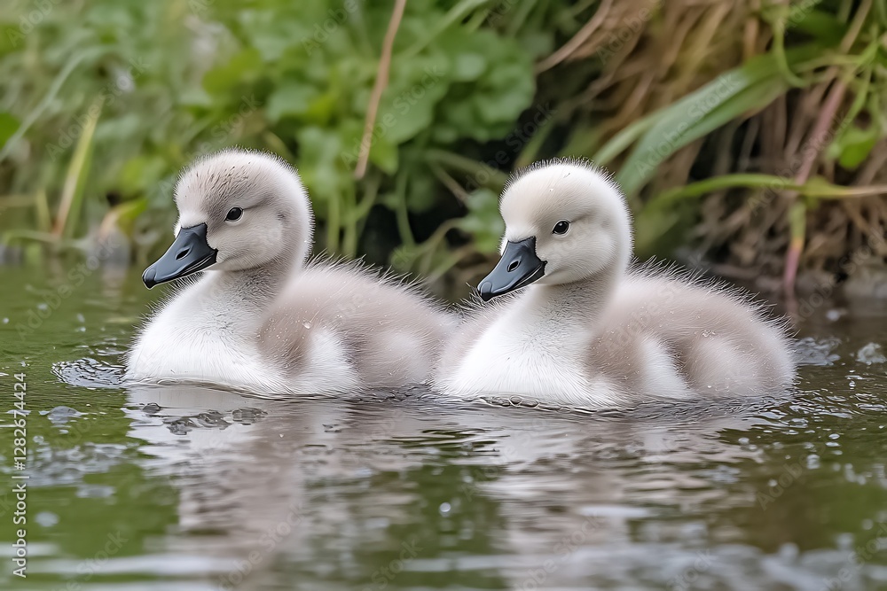 Swan Cygnets Swimming, Riverbank Background Swan Cygnets Swimming, Riverbank Background