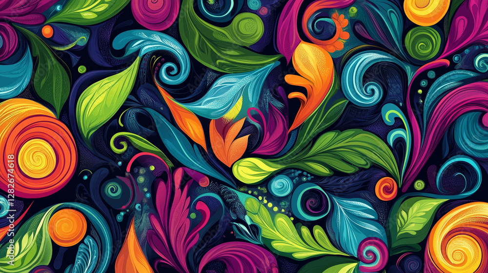 Abstract background of seamless pattern with doodle swirls and leaves in vibrant colors Abstract background of seamless pattern with doodle swirls and leaves in vibrant colors
