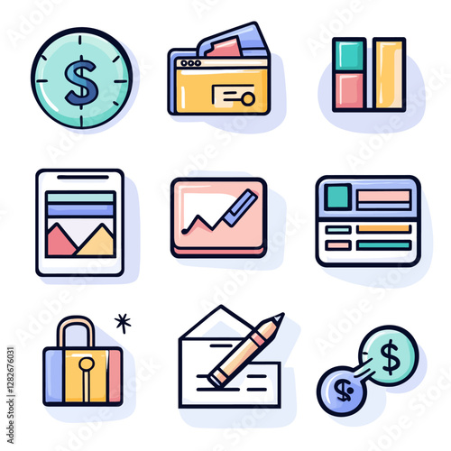 Business finance planning illustration with dollar clock and graph icons