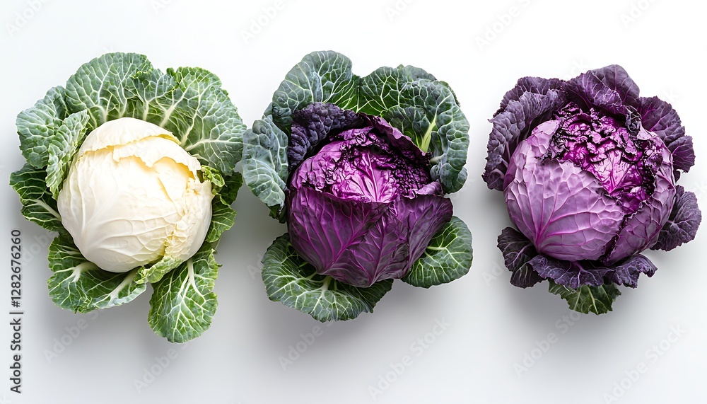 Obraz premium Three cabbages, white, purple, red, food