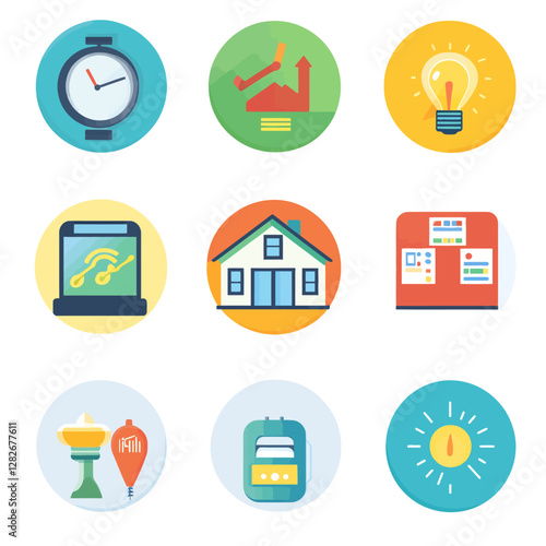 Business Infographic Icons: Time Management, Growth, Ideas, Home, Travel