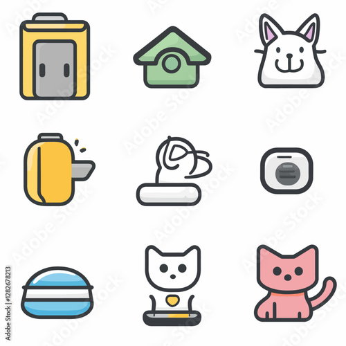 Cute Pet Care Icons Featuring Cats, Dog House, Water Fountain, and More