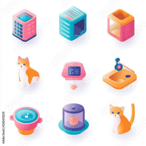 Isometric Cat Care Essentials: Food, Water, Litter, and Smart Home Tech