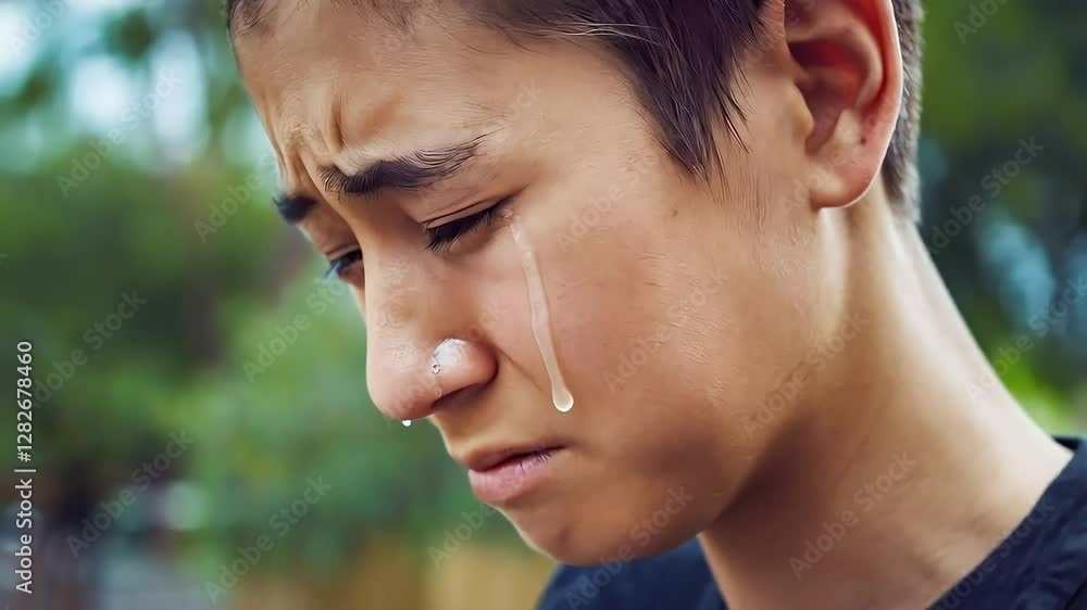 Close-up of a young person's face with a single tear rolling down their cheek, expressing sadness Close-up of a young person's face with a single tear rolling down their cheek, expressing sadness