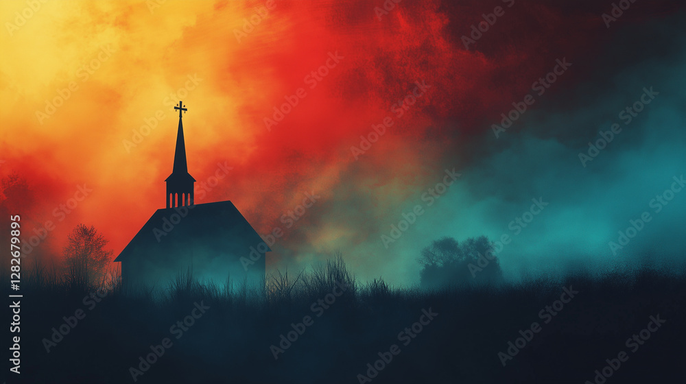 Abstract background of church silhouette and cross with gradient colors of red and blue sky background Abstract background of church silhouette and cross with gradient colors of red and blue sky background