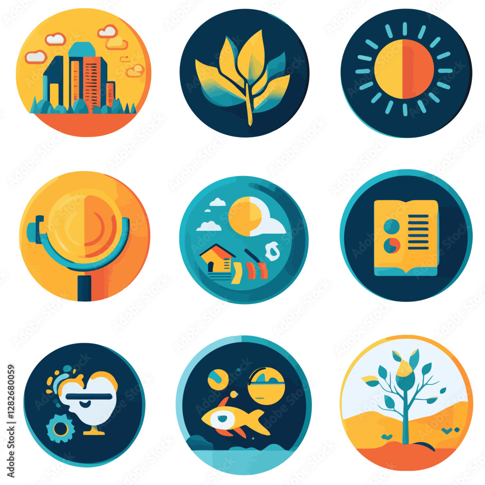 Nine abstract icon set depicts weather, nature, industry, and education Nine abstract icon set depicts weather, nature, industry, and education