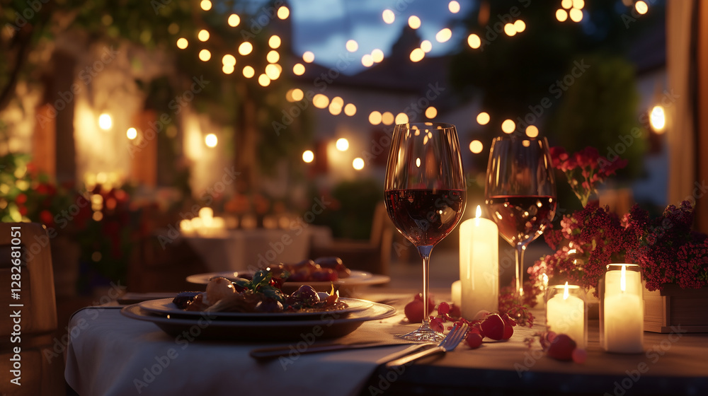 A romantic dinner setup with candles ,wine glasses and beautifully plated meal in restaurant at night A romantic dinner setup with candles ,wine glasses and beautifully plated meal in restaurant at night