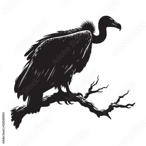 Vulture perched on a branch Silhouette Vector Illustration, Solid White Background.