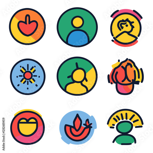 Diverse Avatar Icons of People, Love, Fire, and Sun on a White Backdrop