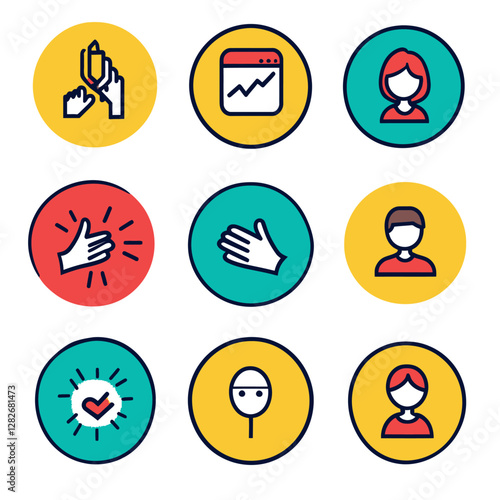 Diverse Business Icons: Hand Gestures, Analytics, Avatar, and Checkmark