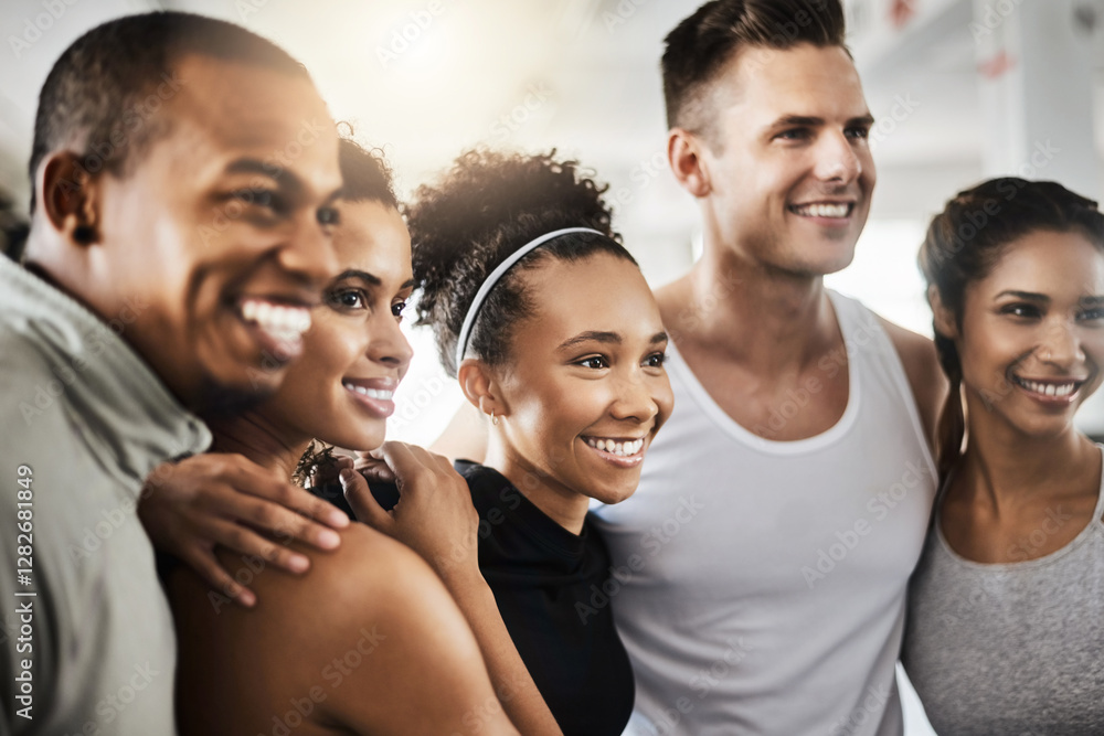 © Donson2000/peopleimages.com - Diversity, exercise and hug with people in gym together for solidarity, support or training. Fitness, team building or wellness and group of friends embracing in health club with personal trainer