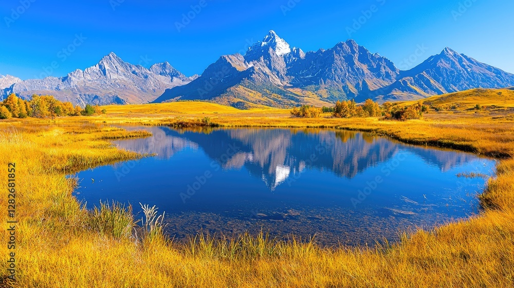 Fototapeta premium Snow-capped mountain peaks reflect in a calm blue pond surrounded by golden autumn grass under a clear sky.