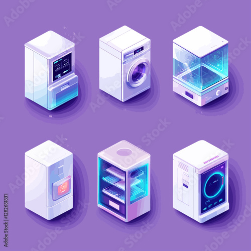 Futuristic Smart Home Appliances on Purple Background, isometric view