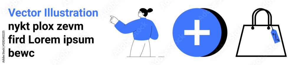 Female character gesturing towards icons of a shopping bag and a plus sign. Ideal for retail, e-commerce, online shopping, marketing, product promotion, consumer behavior, flat landing page banner Female character gesturing towards icons of a shopping bag and a plus sign. Ideal for retail, e-commerce, online shopping, marketing, product promotion, consumer behavior, flat landing page banner
