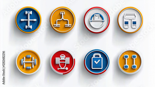 A set of icons and gym equipment like dumbbells and barbells in 3D design for fitness and weightlifting