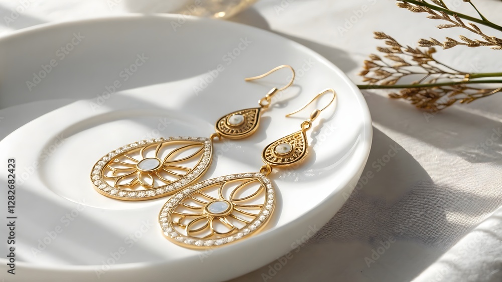 Elegant Gold Earrings with Intricate Design and Gemstones on a Light Marble Surface Elegant Gold Earrings with Intricate Design and Gemstones on a Light Marble Surface
