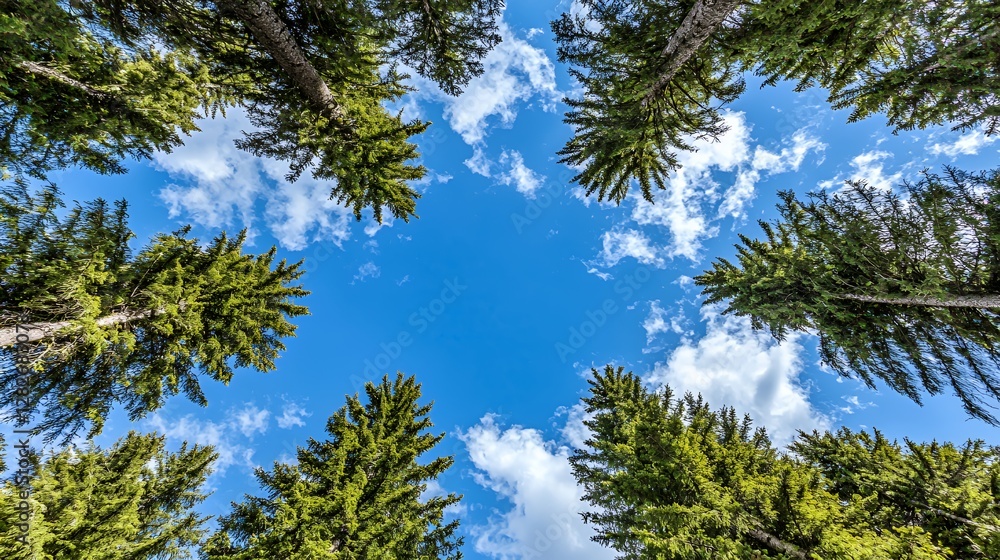 Upward View of Lush Green Trees against a Vivid Blue Sky with Fluffy White Clouds Upward View of Lush Green Trees against a Vivid Blue Sky with Fluffy White Clouds