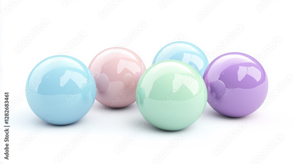 Five pastel colored glossy spheres arranged on a white background a minimalist 3D render of colorful balls Five pastel colored glossy spheres arranged on a white background a minimalist 3D render of colorful balls