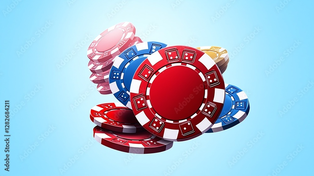Colorful Casino Chips Stack with Blue Background and Bright Light Colorful Casino Chips Stack with Blue Background and Bright Light
