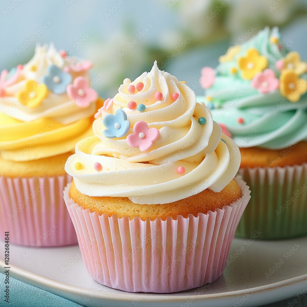 Colorful cupcakes topped with swirls of frosting and delicate flower decorations, perfect for celebrations and desserts. Colorful cupcakes topped with swirls of frosting and delicate flower decorations, perfect for celebrations and desserts.