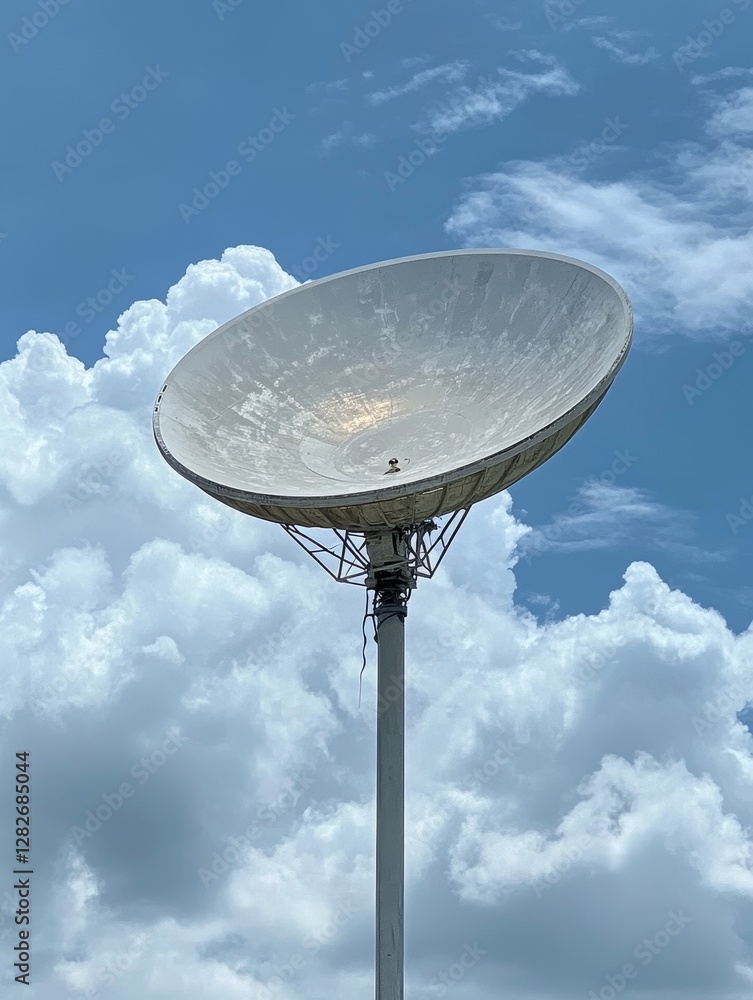 A Large Satellite Dish Under a Cloudy Sky - A large satellite dish points upward against a backdrop of fluffy white clouds and a bright blue sky. This symbolizes communication, technology A Large Satellite Dish Under a Cloudy Sky - A large satellite dish points upward against a backdrop of fluffy white clouds and a bright blue sky. This symbolizes communication, technology